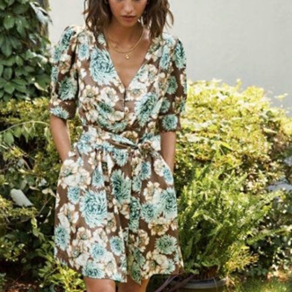 Green Puff Sleeve Wrap Mini Dress